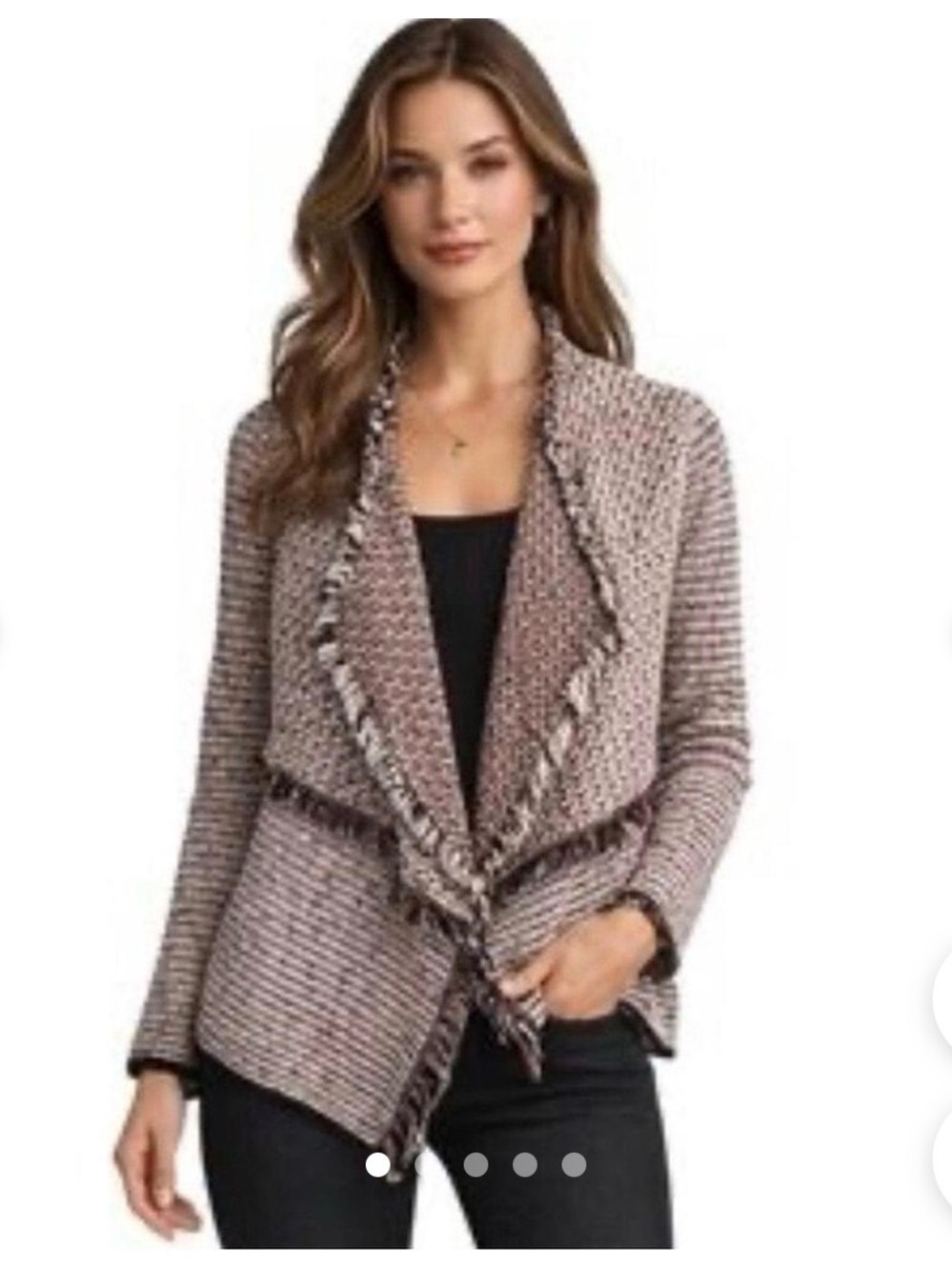 White House Black Market Taupe Textured Fringe Open-Front Cardigan